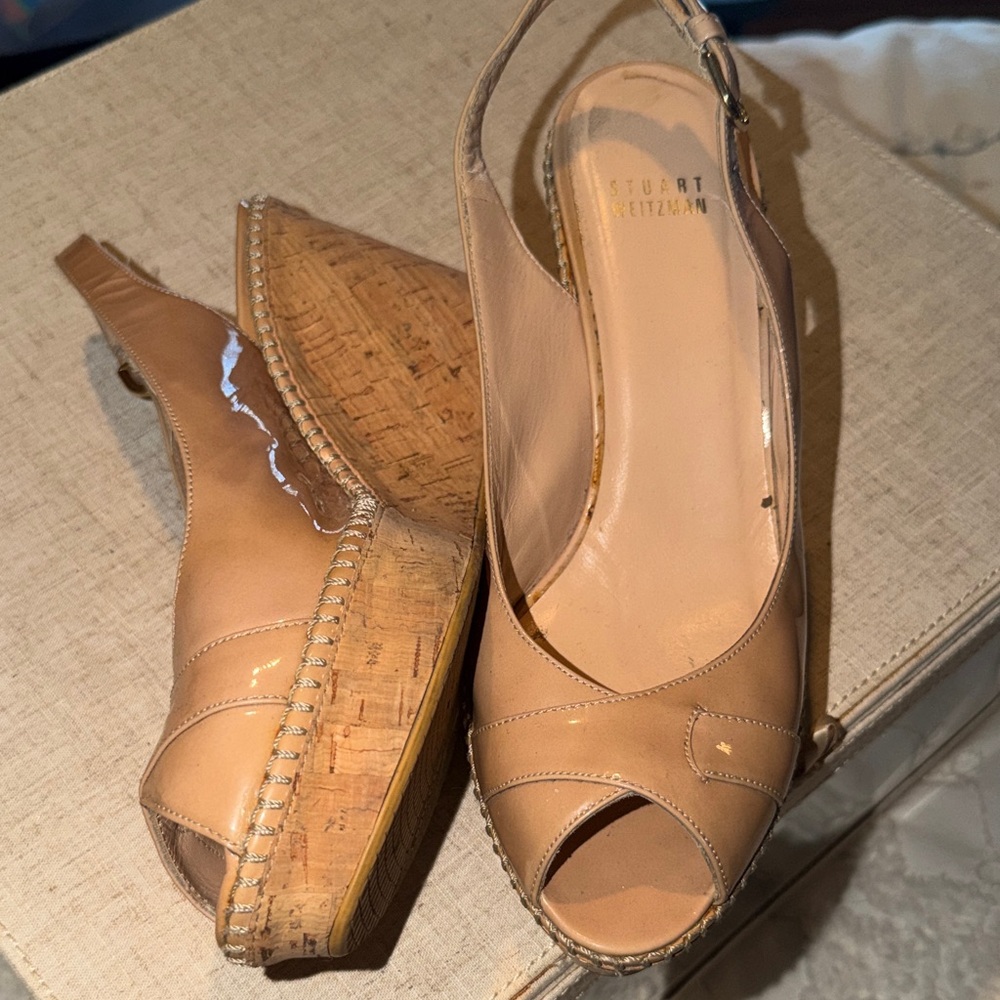 Stuart Weitzman Beige Peep-Toe Wedges